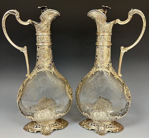 Pair of Silver Mounted Ewers
