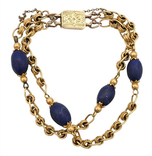 14 Karat Gold Double Link Bracelet, having lapis beads, length 6 inches, 24.3 grams total weight.