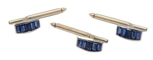 14 Karat White Gold and Blue Sapphire Shirt Buttons, each set with five emerald cut sapphires, 5.6 grams.