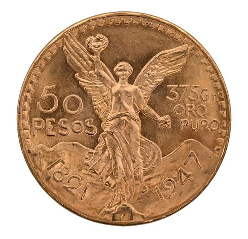 1947 Gold 50 Peso Coin, 1.2057 t.oz. pure gold, uncirculated. Winning bidder can take 1 or up to 10. Coins are located off site. One coin will be avai