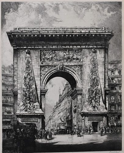 Louis Orr (American, 1879 - 1961) Etching, "La Porte, St. Denis, Paris", pencil signed lower right, 19 1/4" x 15 3/4". Provenance: From the Robert Cir