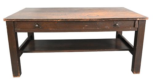 Gustav Stickley Mission Oak Writing Table, having two drawers, marked with red tool mark, height 30 inches, top 36" x 65 3/4".
