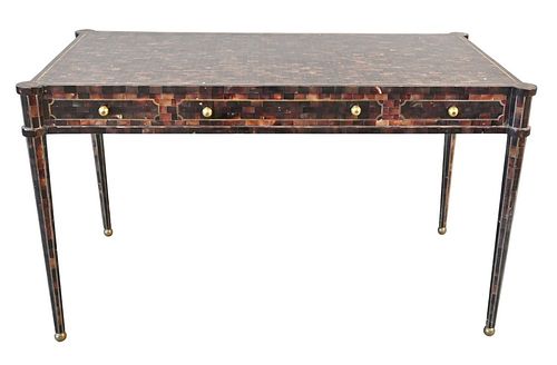Maitland Smith Bureau Plat, having faux tortoise shell inlaid top and turret corners over three short drawers, all raised on turned and tapered legs, 