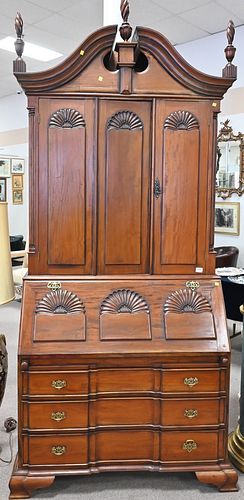 Reproduction Mahogany Chippendale Style Block Front Secretary Desk, in three parts, having shell carved front, (top with fully pigeon holed interior),