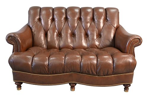 Pair of Hancock and Moore Brown Leather Loveseats, having tufted backs and seats, (very clean condition), height 35 inches, length 64 inches.
