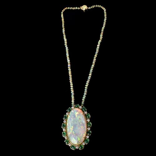 Opal, Emerald, Diamond and 14K Necklace