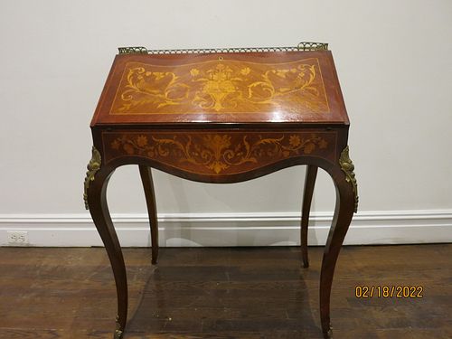 19th Century French LXV Style Marquetry Inlaid Slant Front Desk