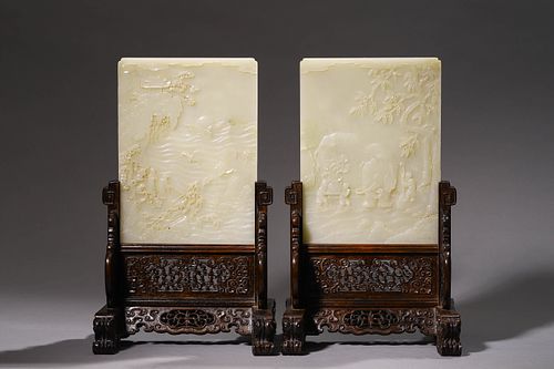 Qing Qianlong: A Pair of Carved White Jade Table Screen