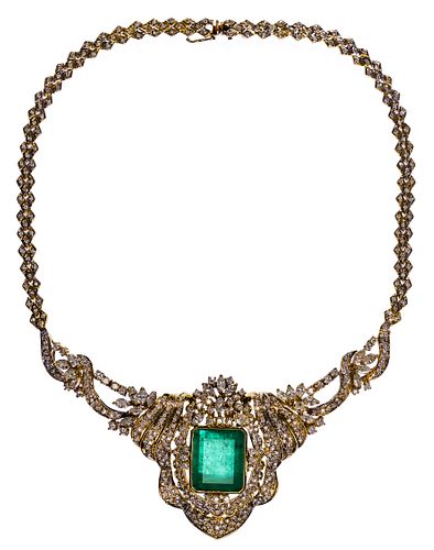 14k Yellow Gold, Emerald and Diamond Necklace