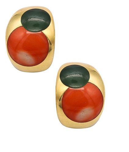 Clip Earrings in 18k Gold With Coral & Jadeite Jade