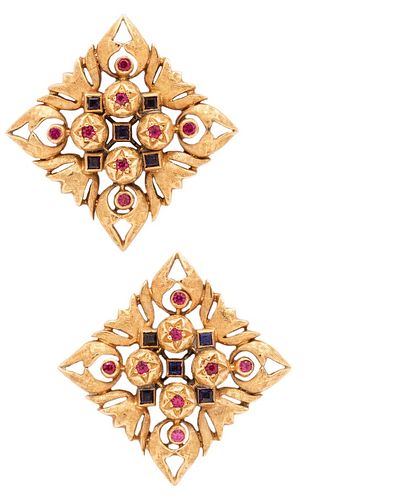 Italian 18k gold clips Earrings with rubies & sapphires