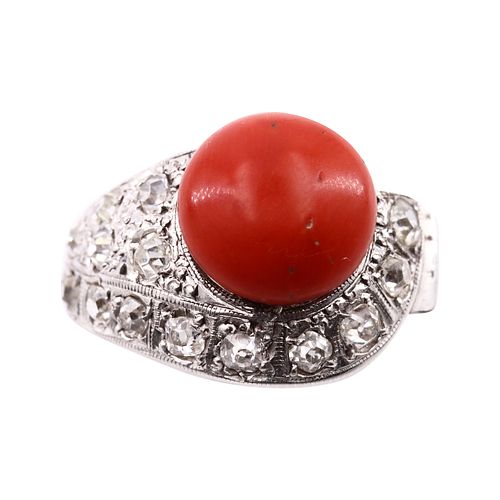 Art Deco 18k Gold Ring with Diamonds & Coral
