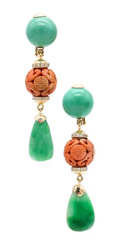 David Webb 18k Earrings with Diamonds, turquoise, coral & jadeite