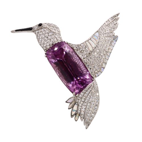 120 CTW Kunzite, Diamonds & Opals Platinum French Bird Brooch