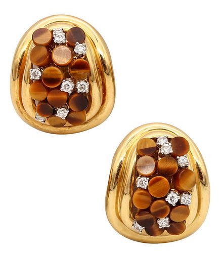 Ivan & Co Retro Earrings in 18k gold with Diamonds & tiger quartz