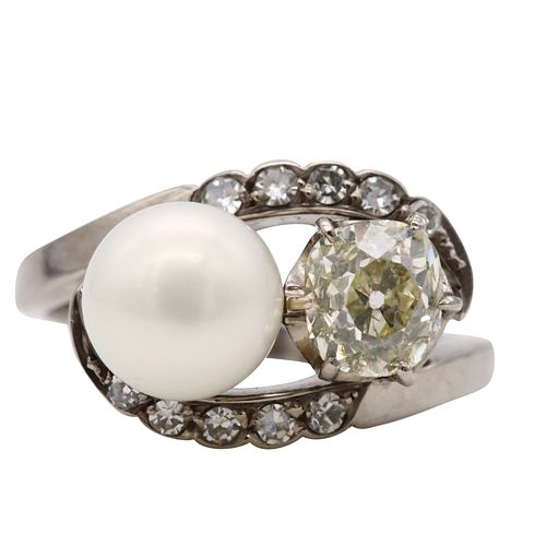 1.0ctw Diamonds & Pearl Art Deco 18k Gold Ring