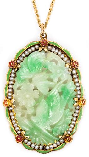 Art Deco pendant brooch in 14k Gold, enamel,  jade & seeds pearls