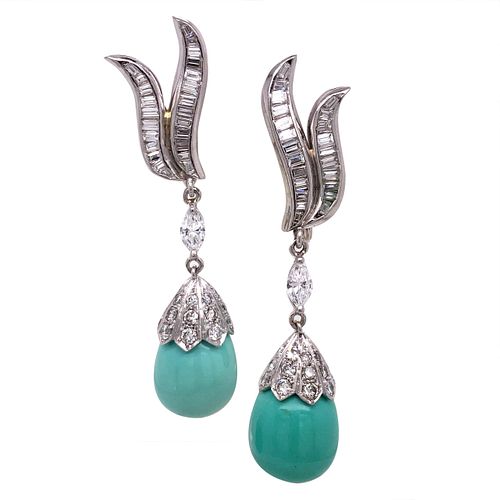 Art Deco Platinum Turquoise and Diamonds Earrings
