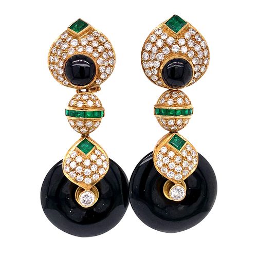 18k Emerald Diamond and Onyx Earrings