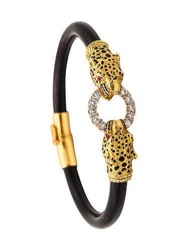 Gay Freres Feline Enamel Bracelet in 18k Gold With Diamonds & coral