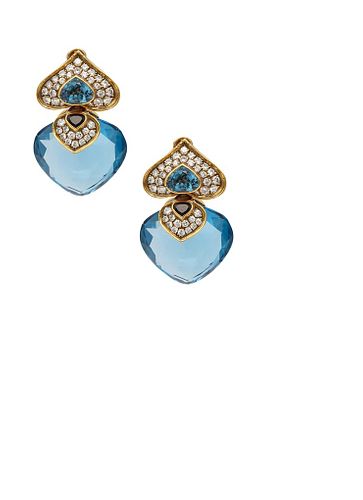 French 18k Clips-Earrings with 87.62 Ctw Diamonds & Gemstones