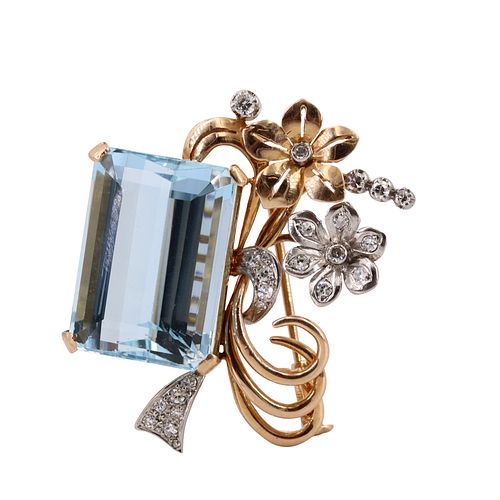 Diamonds, Aquamarine & 18k Gold Brooch