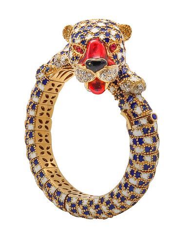 Frascarolo Tiger bracelet in 18k gold, enamel & 1.74 Cts in Diamonds & Rubies