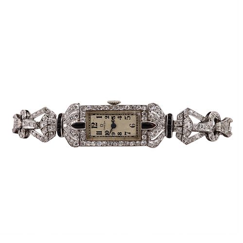Art Deco OMEGA Diamonds, Onyx & Platinum Wristwatch