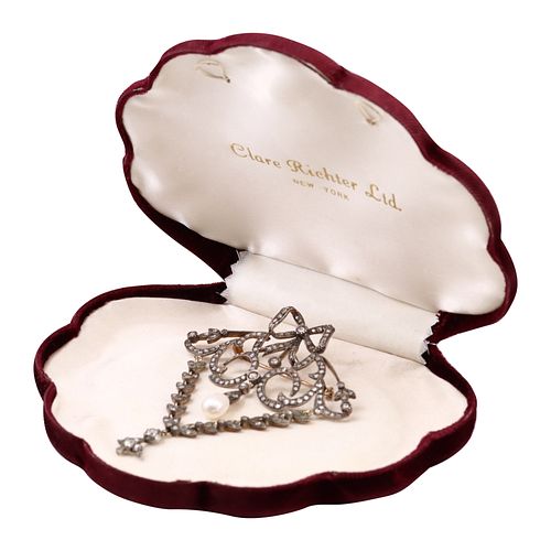 Antique Diamonds & Pearl Victorian 14k Gold Pendant/Brooch
