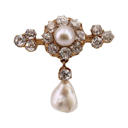 Antique Natural Pearl & Diamonds 18k Gold Brooch
