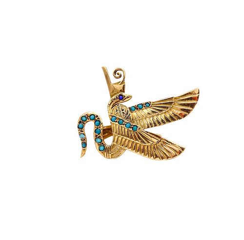 Art Deco Brooch with a winged Serpent in 18k Gold with Turquoises