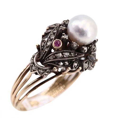 Antique 18k Gold Pearl, Diamonds & Ruby Ring