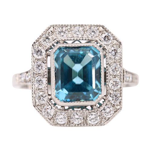 Natural Blue Zircon & Diamonds Platinum Ring