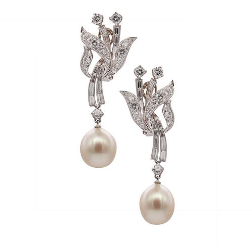 Drop Earrings in Platinum with 4.52 Cts in Diamonds & Pearls