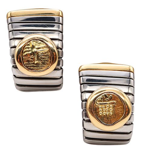 Bvlgari Roma Moneta Tubogas Earrings in 18k Gold & Steel with Gold Coins