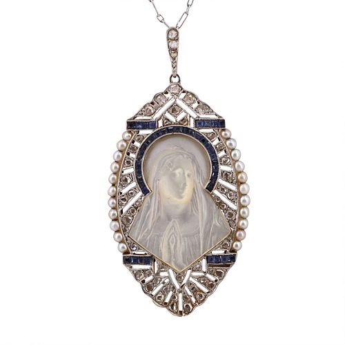 Art Deco Religious 18k gold Pendant with Diamonds, Sapphires & Pearls