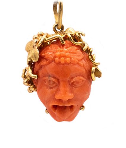 Spritzer & Furhmann 18k Gold pendant with Bacchus head carved in coral