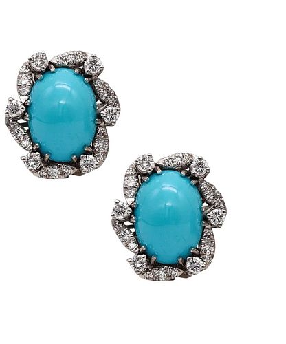19.12Ctw Diamonds & Turquoises Platinum Earrings
