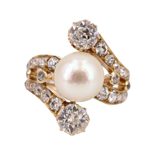 GIA CERTIF. Natural Pearl & Diamonds18k Gold Ring