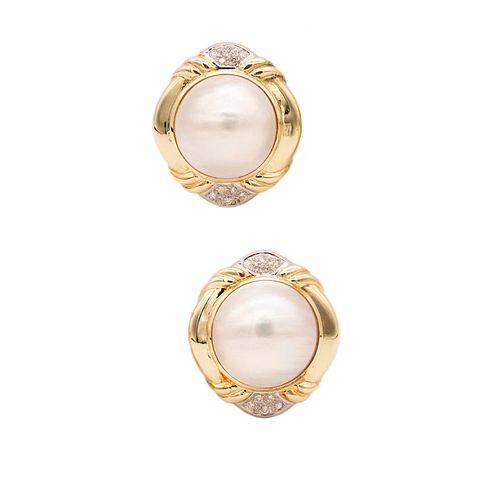 Italian Modern pair of Earrings in 14k Gold, Mabe pearls & Diamonds