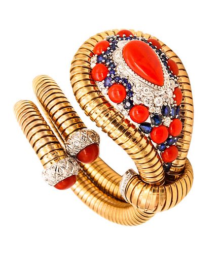 Tubogas Bracelet in 18k Gold with 44.39 Cts Diamonds Sapphires & Corals