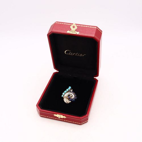 Cartier GIA certified Retro 18k brooch with Diamonds Sapphires & Turquoise
