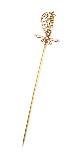 Austrian German sword pin Jabot in 18k gold with enamel, Diamond & pearls