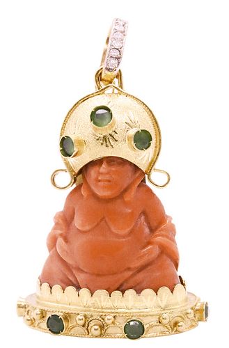 Italian Buddha pendant in 18k gold with red coral Diamonds & emeralds