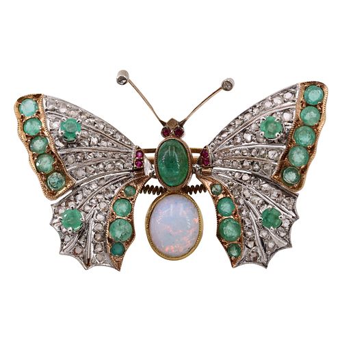 Antique Emeralds, Diamonds & Opal Butterfly 14k Tremblant Brooch
