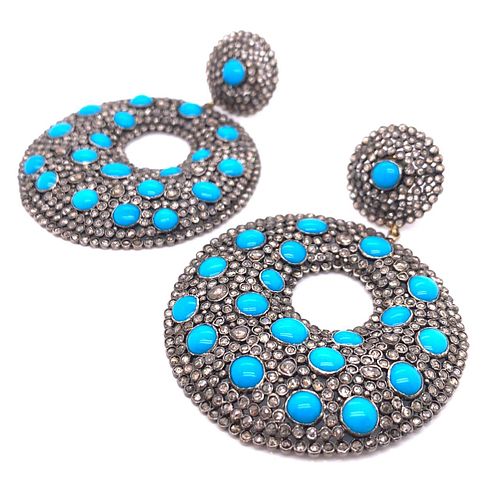 Silver and 18K Diamond & Turquoises Earrings