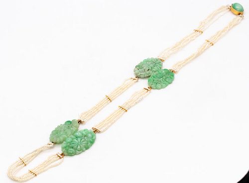 Chinoiserie long sautoir in 18k Gold with jade & seed pearls