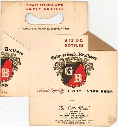 1958 Griesedieck Bros. Light Lager Beer Six Pack Bottle Carrier Saint Louis, Missouri