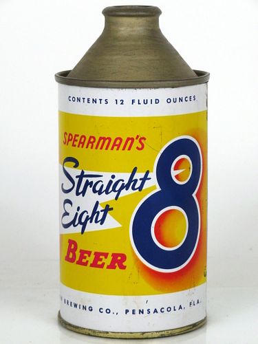 1955 Spearman's Straight Eight Beer 12oz Cone Top Can 185-31 Pensacola, Florida