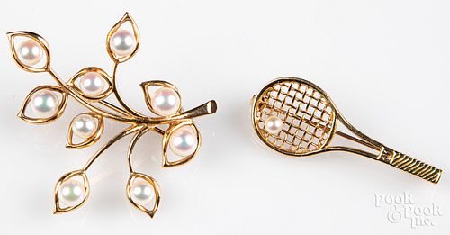 Two 14K gold and pearl pins